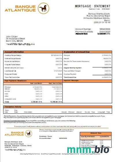 Benin Bank Atlantique wyciąg z kredytu hipotecznego szablon Word i PDF
